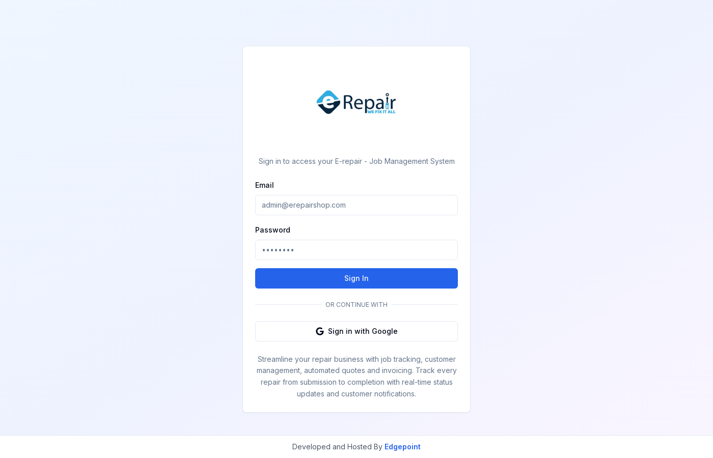 E-Repair shop management portal screenshot
