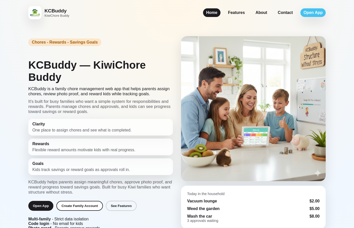 KCBuddy family chores and rewards portal screenshot