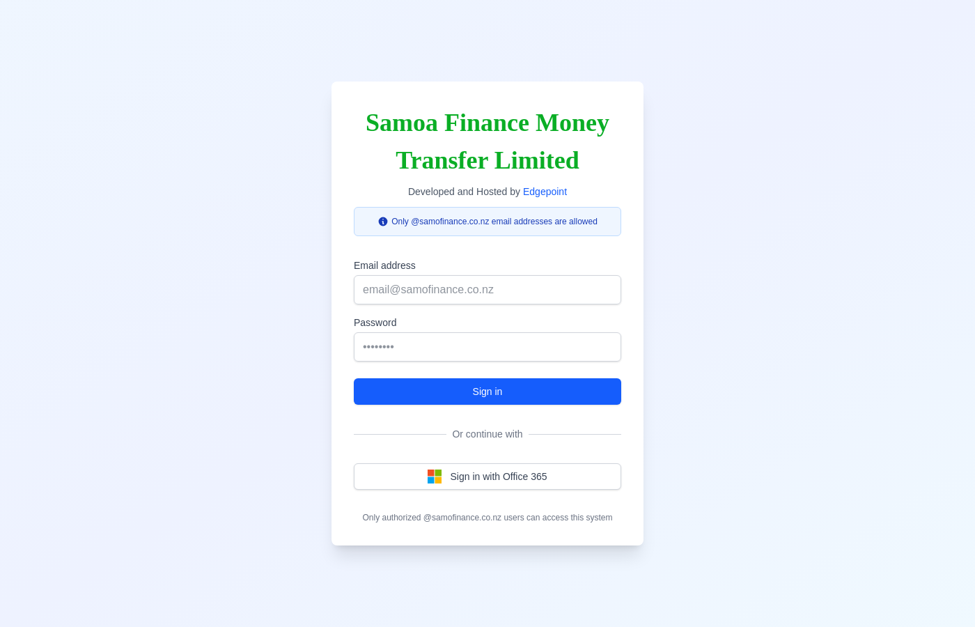 Samoa Finance money transfer portal screenshot